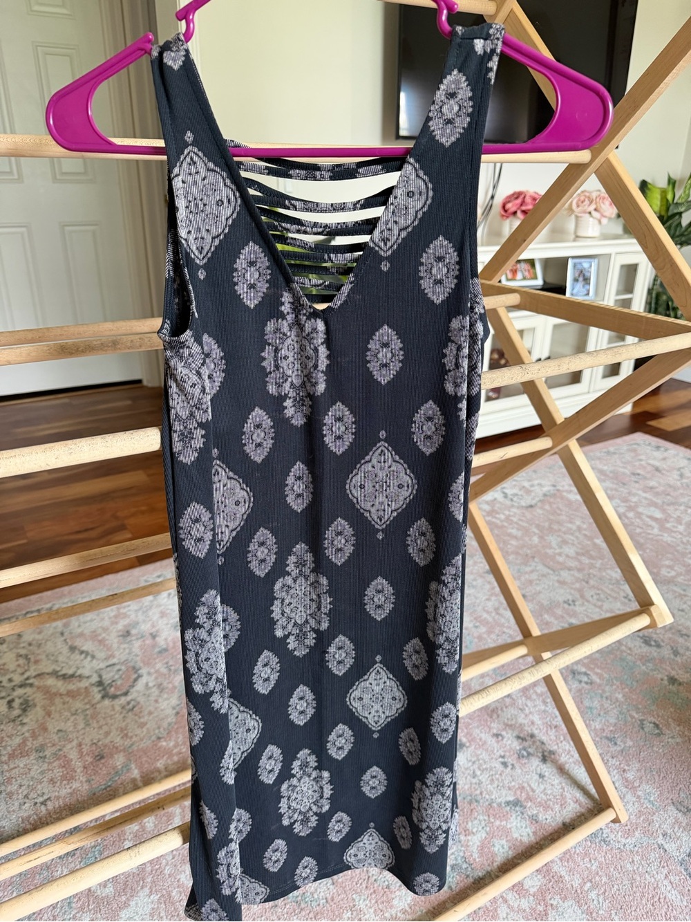 Black Patterned Sleeveless Dress with Strappy Detail